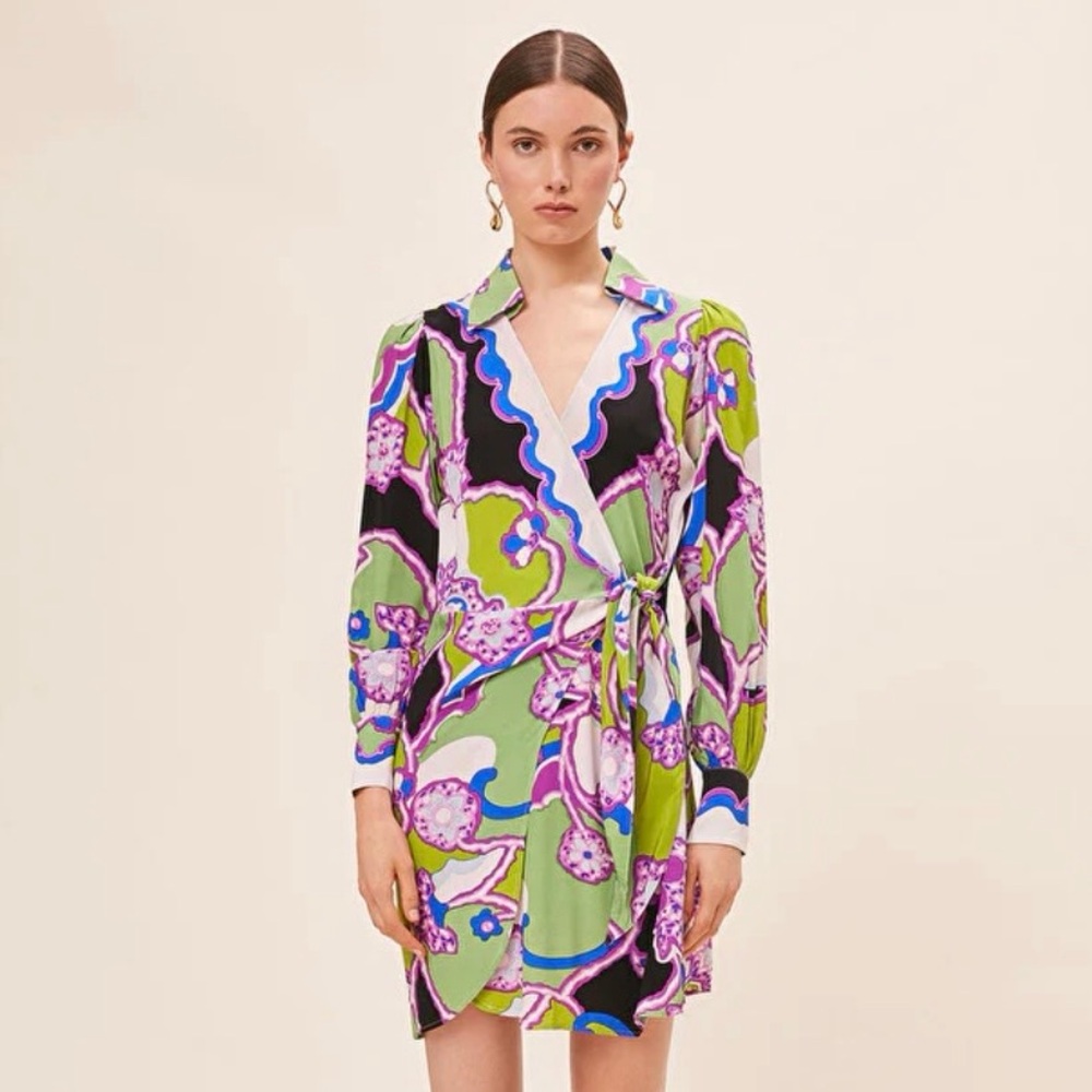SUNCOO Paris Caliste Dress Vibrant Floral Wrap Dress in Lime (Anis) - Sz L